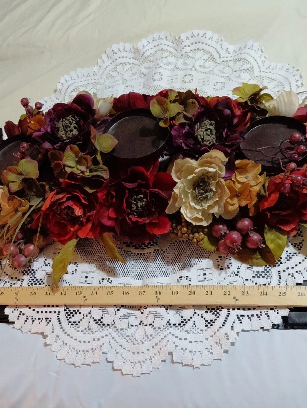 Home Interiors Burgundy, Cream & Gold Faux Floral Candle Centerpiece